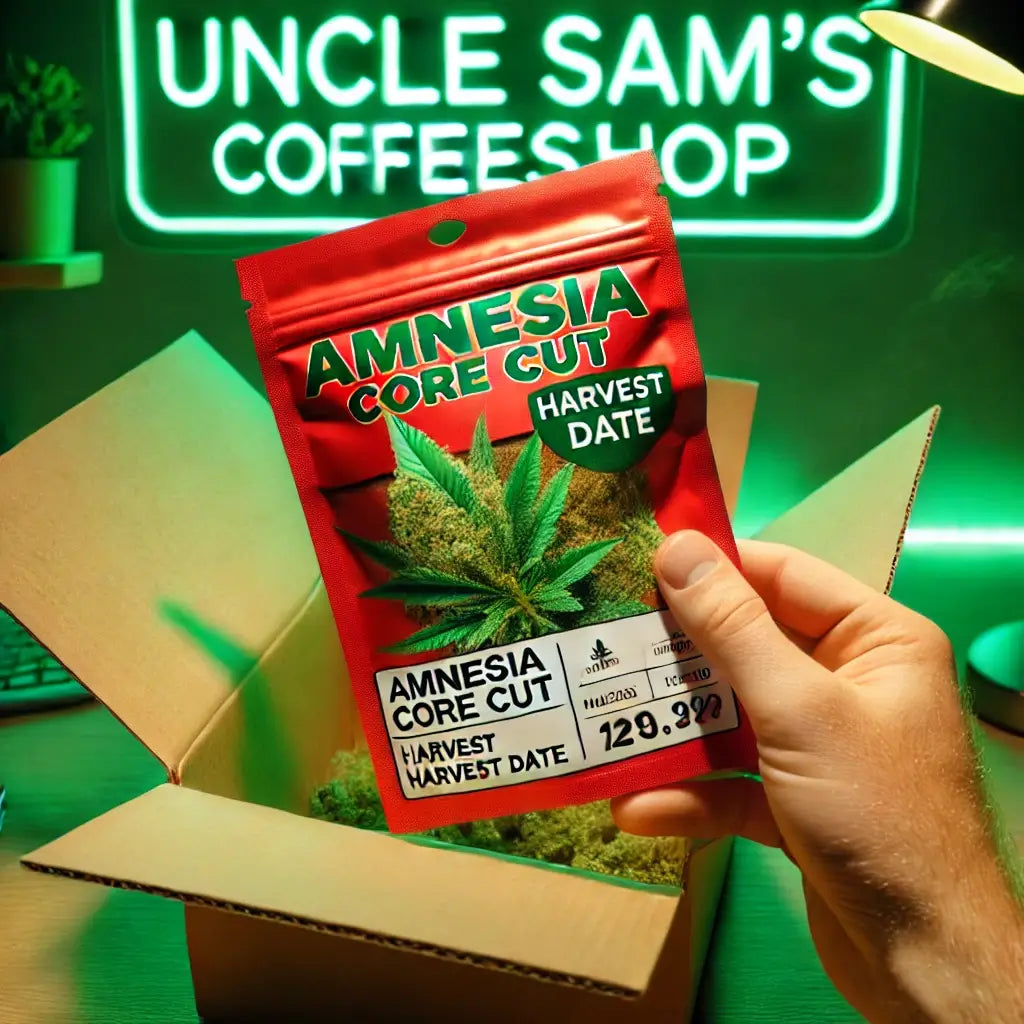 Een close-upfoto van een doos met een felrode verpakking van cannabis, gelabeld 'Amnesia Core Cut', bij Uncle Sam's coffeeshop in Arnhem. Op de achtergrond is een groen verlichte omgeving zichtbaar.