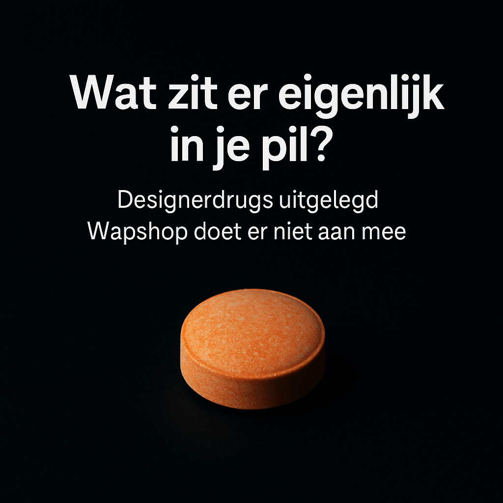 Oranje tablet als symbool voor onbekende designerdrugs waar Wapshop niet aan meedoet