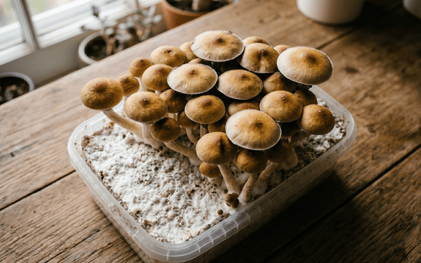 Paddo grow kit van Wapshop met volgroeide Golden Teacher paddenstoelen op houten tafel