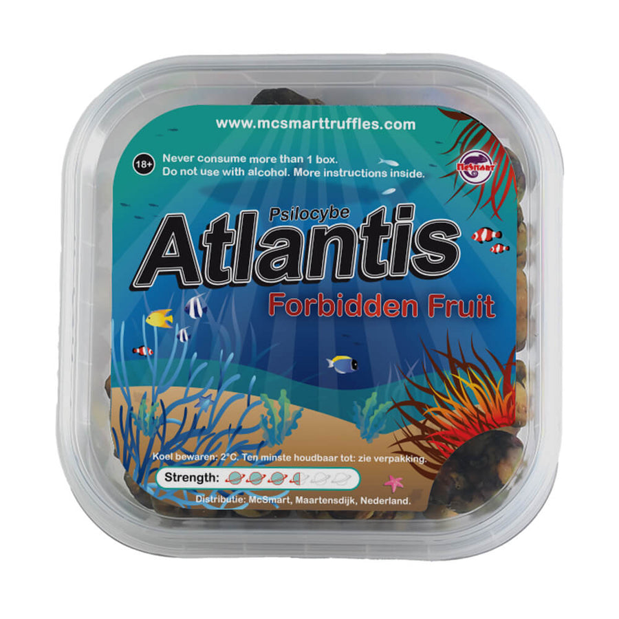 Atlantis Truffels Geheel – Een verpakking van de Atlantis Magic Truffels, met een kleurrijk oceaanthema, verwijzend naar de mysterieuze stad Atlantis.