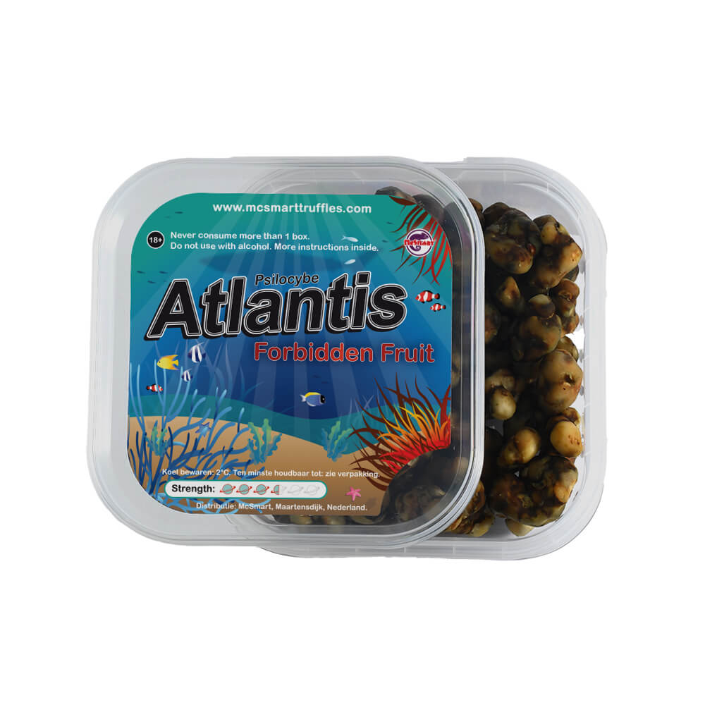 Atlantis Truffels Open Verpakking – Een geopende verpakking met de Atlantis Magic Truffels, klaar voor consumptie en een bijzondere trip.