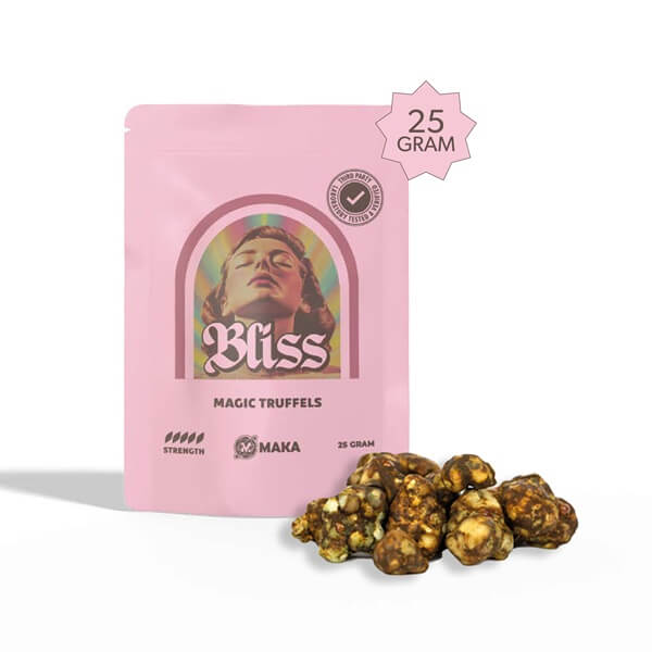 Maka Bliss Truffels in roze verpakking met verse truffels op de voorgrond.