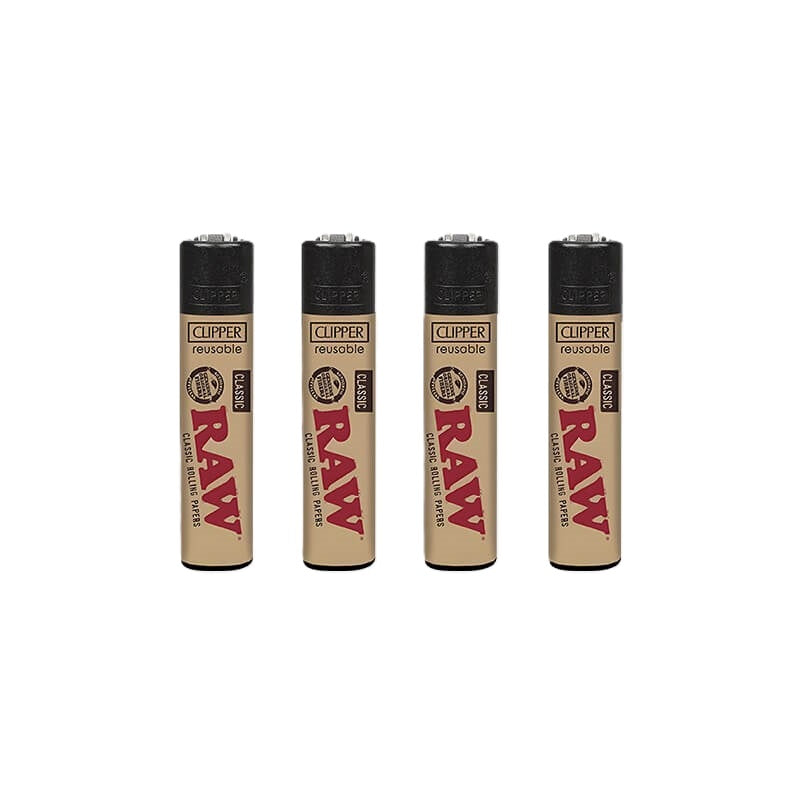 Set van vier Clipper Classic aanstekers in RAW Brown and Red design, herbruikbaar en navulbaar voor langdurig gebruik.