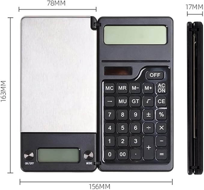 Afmetingen Calculator Scale Black: 163 × 156 × 17 mm opengeklapt
