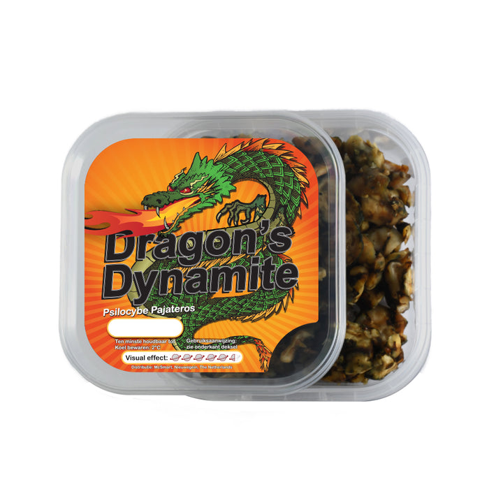 Dragon’s Dynamite magic truffels verpakking met losse truffels