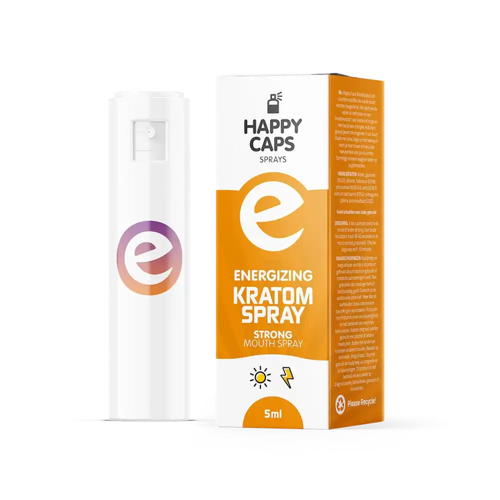 Witte sprayfles en oranje verpakking van Happy Caps Energizing Kratom Spray 5ml – sterke mondspray met natuurlijke energieboost