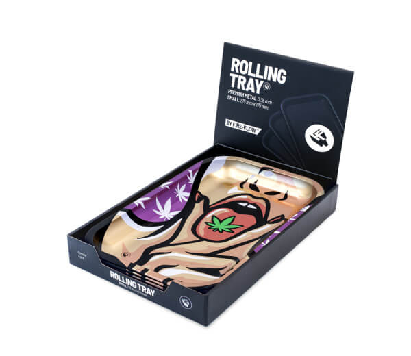 FIRE-FLOW™ 420 Girl Rolling Tray in luxe verpakking, premium metalen tray (275mm x 175mm) met uniek artwork en eenvoudig schoon te maken oppervlak.