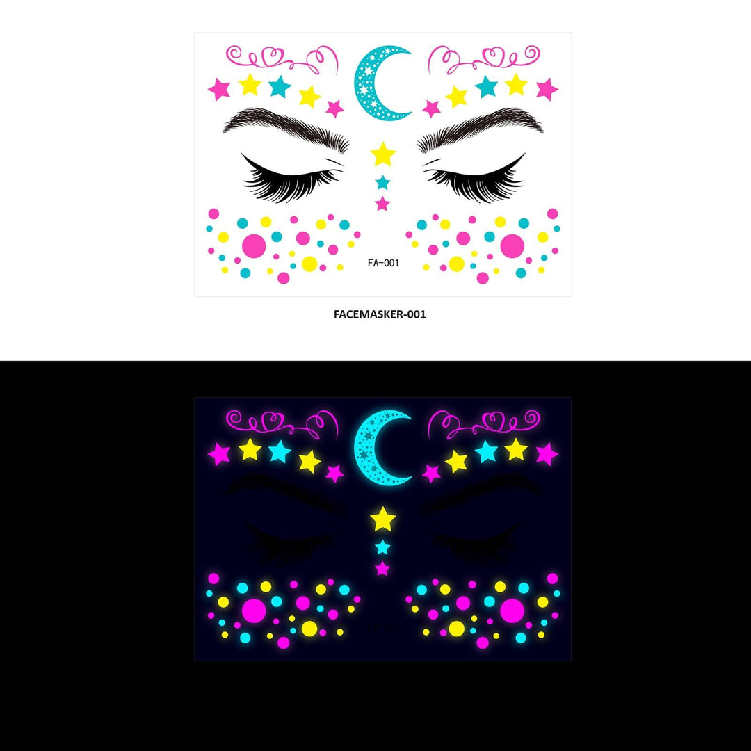 Een close-up van een gezicht versierd met Glow in the Dark Gezicht Stickers in verschillende neonkleuren, perfect voor festivals, feestjes en carnaval. De stickers zijn aangebracht als een face masker en gloeien fel in het donker, waardoor ze ideaal zijn voor gebruik in bars en op dansvloeren.