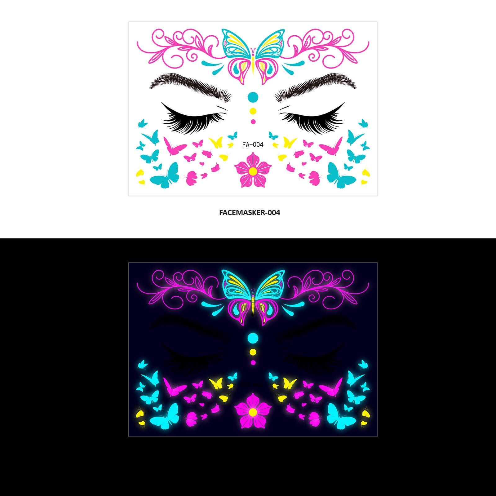 Een close-up van een gezicht versierd met Glow in the Dark Gezicht Stickers in verschillende neonkleuren, perfect voor festivals, feestjes en carnaval. De stickers zijn aangebracht als een face masker en gloeien fel in het donker, waardoor ze ideaal zijn voor gebruik in bars en op dansvloeren.
