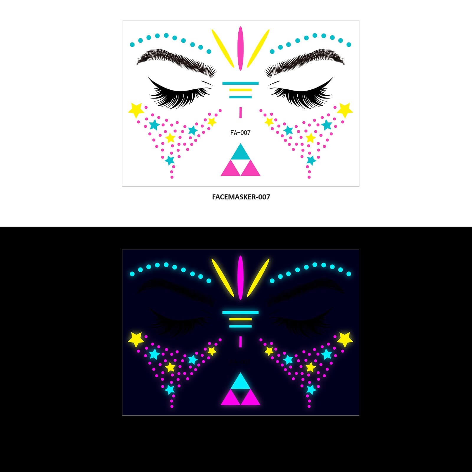 Een close-up van een gezicht versierd met Glow in the Dark Gezicht Stickers in verschillende neonkleuren, perfect voor festivals, feestjes en carnaval. De stickers zijn aangebracht als een face masker en gloeien fel in het donker, waardoor ze ideaal zijn voor gebruik in bars en op dansvloeren.