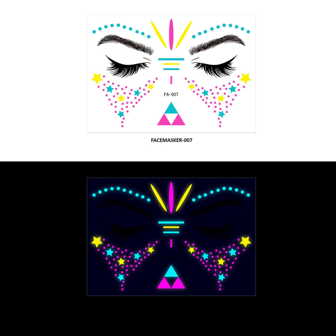 Een close-up van een gezicht versierd met Glow in the Dark Gezicht Stickers in verschillende neonkleuren, perfect voor festivals, feestjes en carnaval. De stickers zijn aangebracht als een face masker en gloeien fel in het donker, waardoor ze ideaal zijn voor gebruik in bars en op dansvloeren.