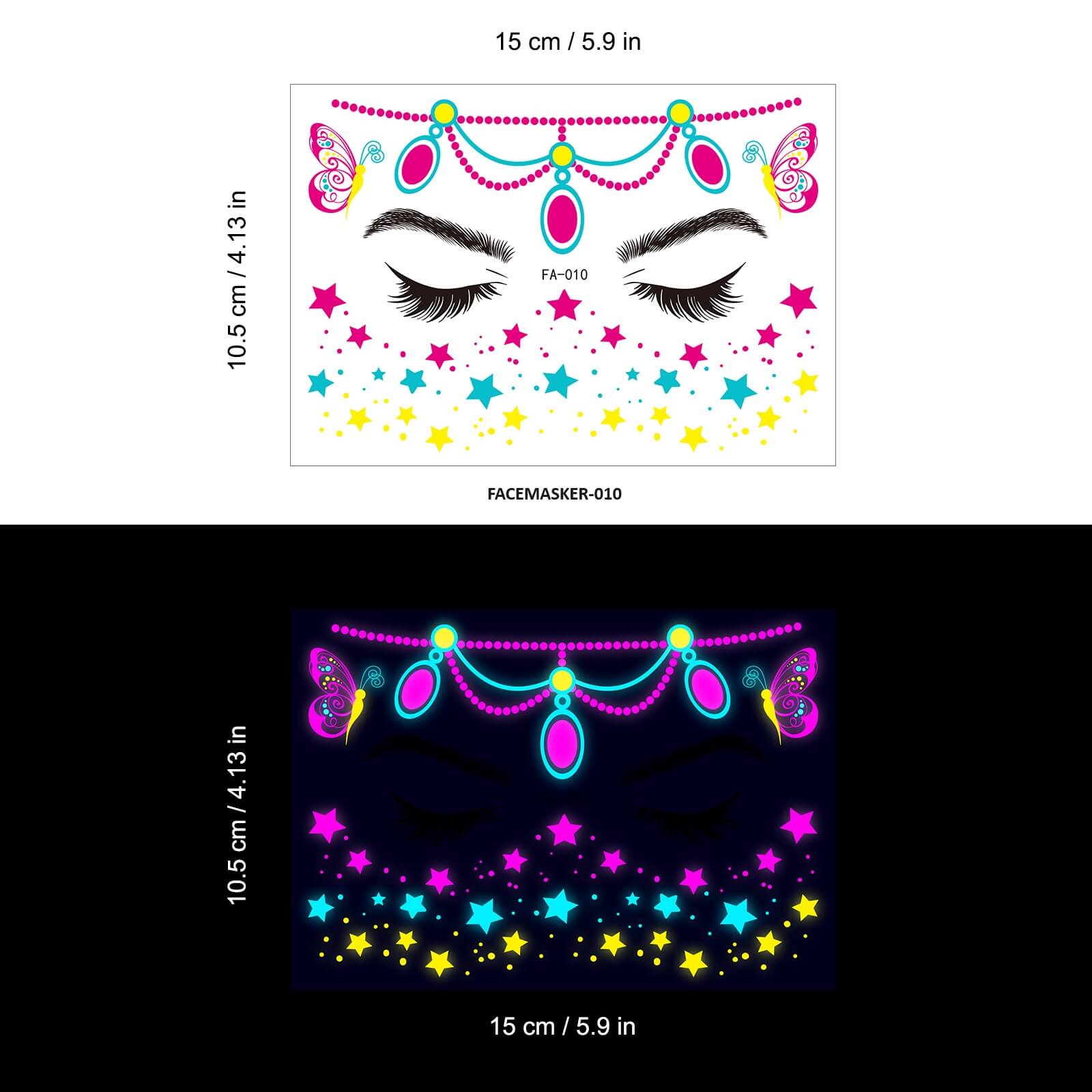 Een close-up van een gezicht versierd met Glow in the Dark Gezicht Stickers in verschillende neonkleuren, perfect voor festivals, feestjes en carnaval. De stickers zijn aangebracht als een face masker en gloeien fel in het donker, waardoor ze ideaal zijn voor gebruik in bars en op dansvloeren.