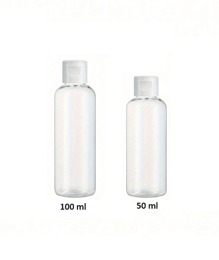 Afbeelding van twee transparante plastic knijpflesjes met een flip top dop, verkrijgbaar in 50 ml en 100 ml maten, ideaal voor het opbergen van shampoo, conditioner en andere vloeistoffen voor op reis