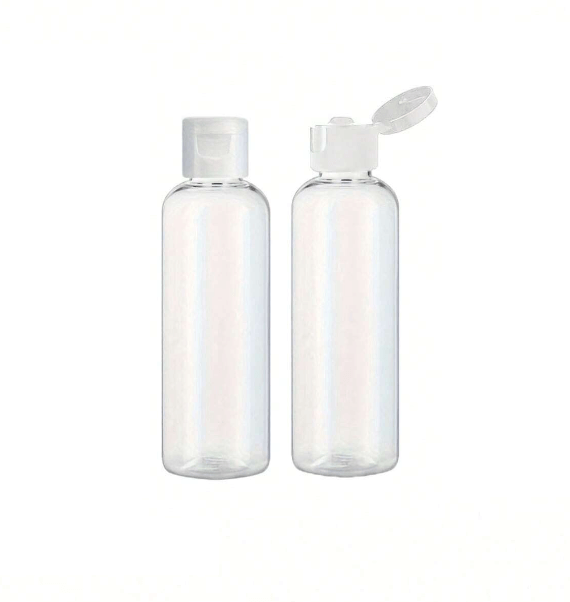 Afbeelding van twee transparante plastic knijpflesjes met een flip top dop, verkrijgbaar in 50 ml en 100 ml maten, ideaal voor het opbergen van shampoo, conditioner en andere vloeistoffen voor op reis