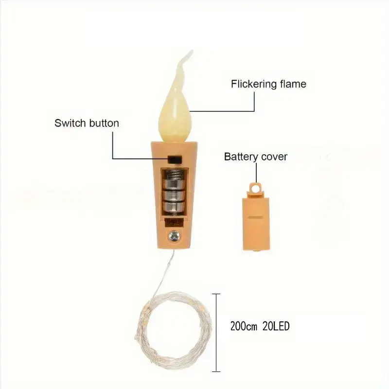 Gedetailleerde weergave van de LED-flesverlichting, inclusief batterijklep, schakelaar en koperen draad met 20 LED-lampjes.