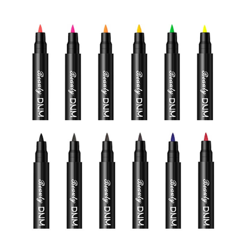 Set van gekleurde eyeliners in stiftvorm, verkrijgbaar in geel, blauw, rood, groen, roze en zwart. Perfect voor opvallende feestlooks tijdens carnaval.