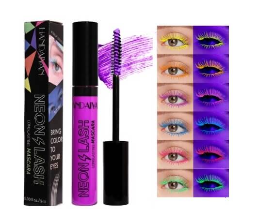 Neon mascara in paars met applicator, samen met voorbeelden van gekleurde wimpers in geel, oranje, blauw, roze, paars en groen voor een feestelijke look.