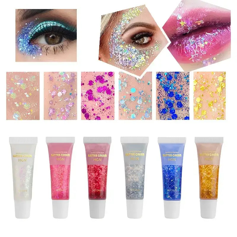 Set van kleurrijke glitter gels voor gezicht, haar en nagels in parelmoer, roze, rood, zilver, blauw en goud. Ideaal voor festivals en feestjes.