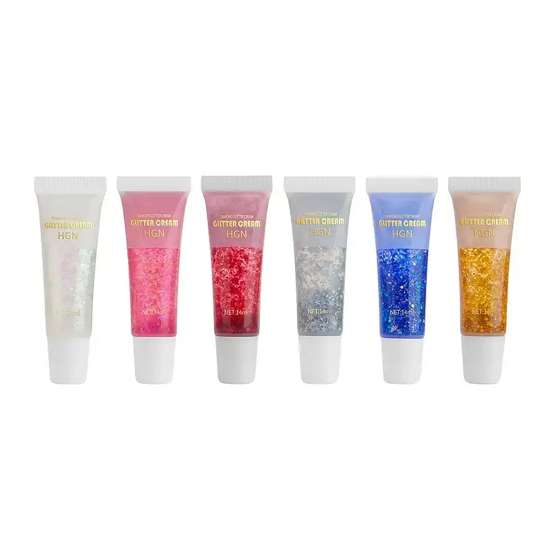 Set van kleurrijke glitter gels voor gezicht, haar en nagels in parelmoer, roze, rood, zilver, blauw en goud. Ideaal voor festivals en feestjes.