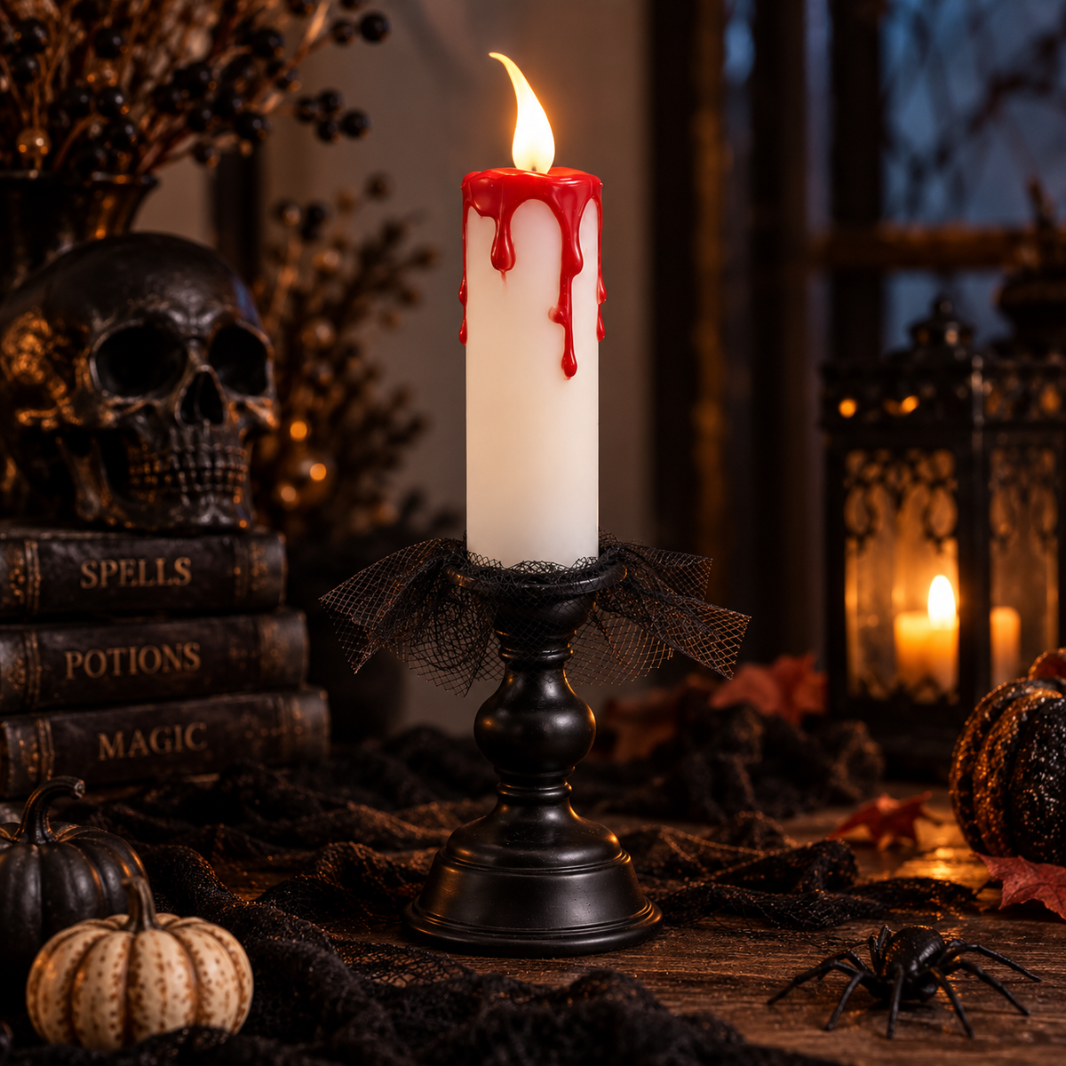 Halloween LED bloedkaars op zwarte kandelaar tussen pompoenen, schedel en spin