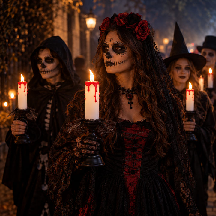 Verklede mensen tijdens Halloween-tocht met LED bloedkaars en zwarte kandelaar