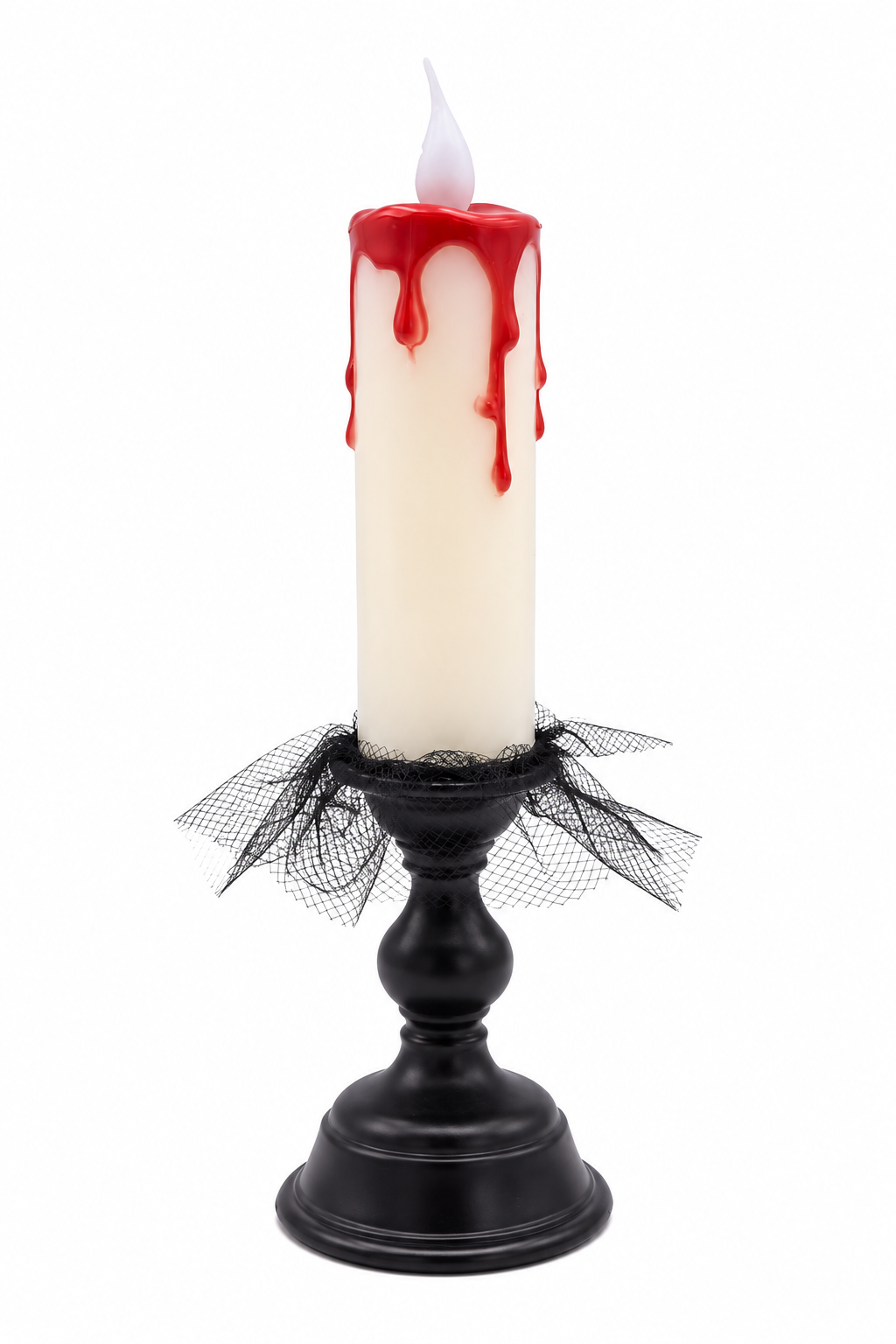 Halloween LED stompkaars met bloeddruppels en zwarte kandelaar met tule