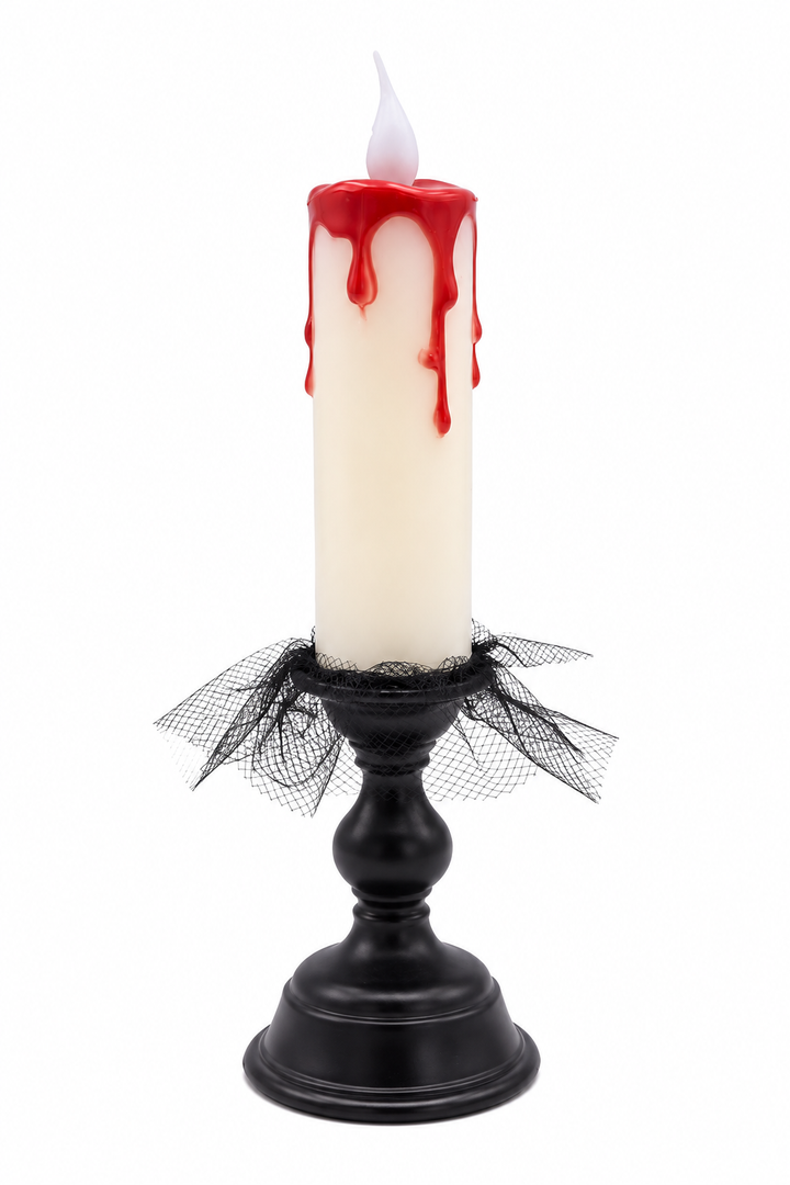 Halloween LED stompkaars met bloeddruppels en zwarte kandelaar met tule