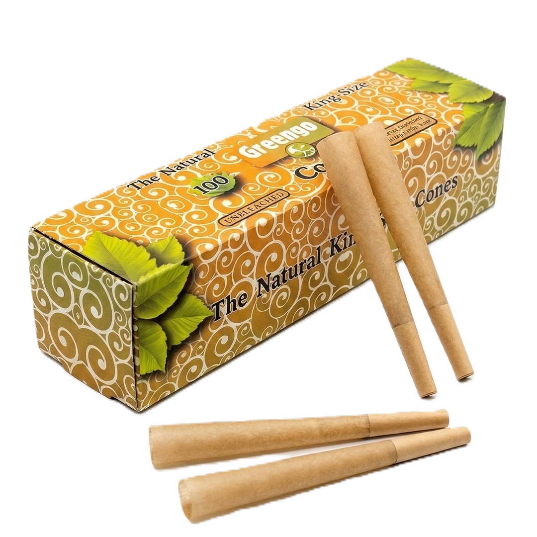 Greengo Natural King Size Cones Unbleached – doos van 100 stuks met 3 losse voorgedraaide cones op witte achtergrond.