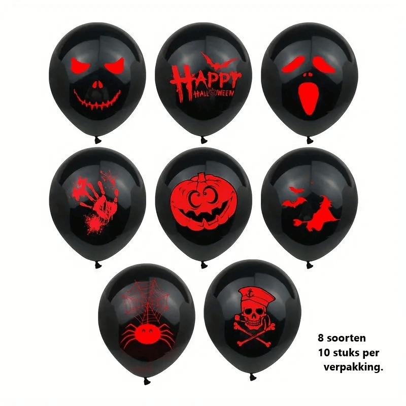 Halloween ballonnen met 8 unieke prints, waaronder schedels, spinnen en pompoenen, perfect voor Halloween versiering.