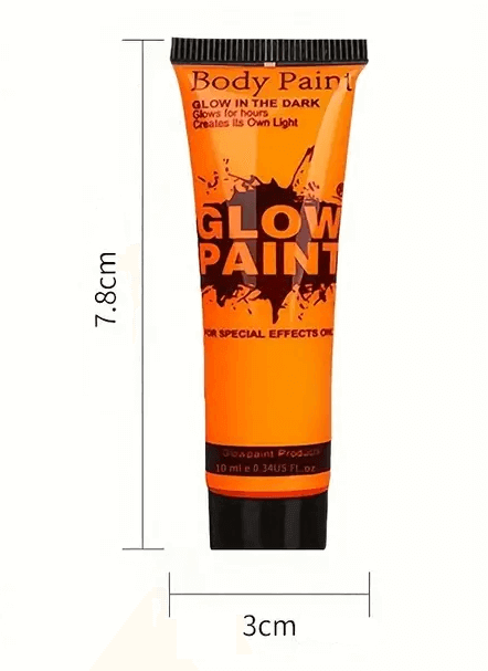 Set van Glow in the Dark Body Paint tubes in verschillende kleuren zoals oranje, groen, roze, geel, en paars, die oplichten onder UV-licht.