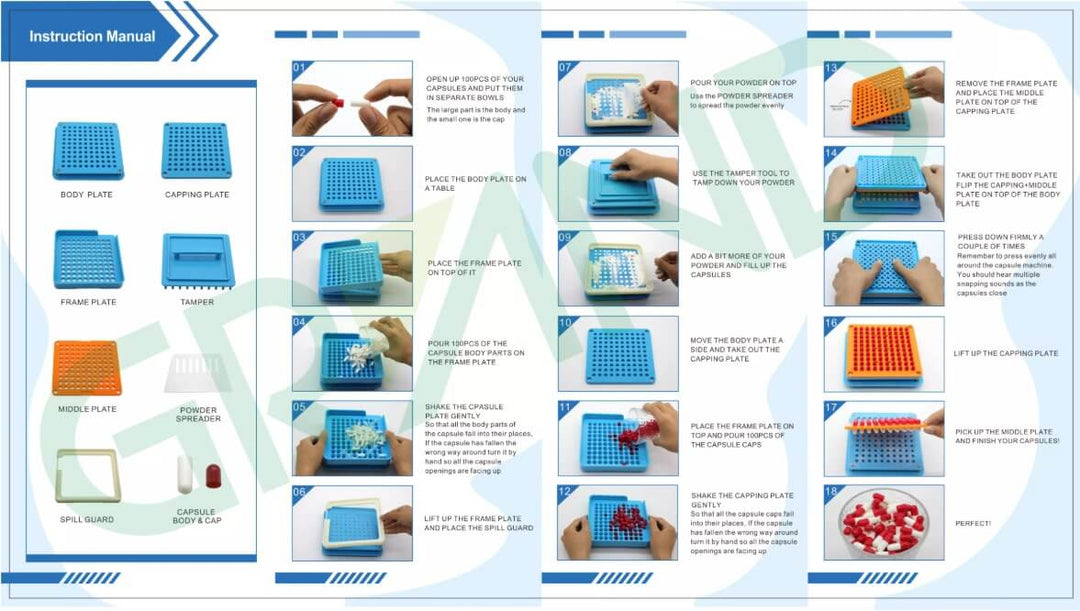 Handleiding capsulemachine – laat zien hoe jij lege capsules vult met poeder. Simpel stappenplan met platen, tamper en spreader voor microdosing of DIY-supplementen.