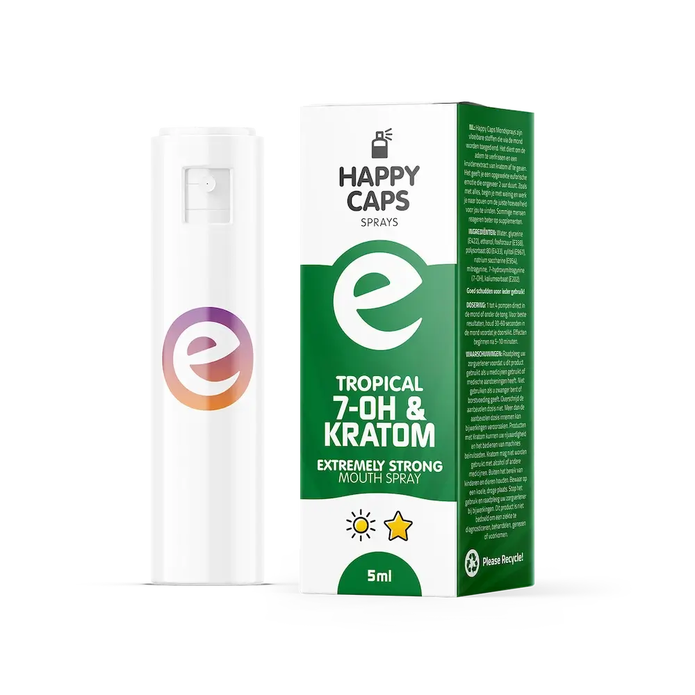 Verpakking van de Happy Caps 7-OH & Kratom Spray met tropische smaak en krachtige werking in handig pocketformaat.