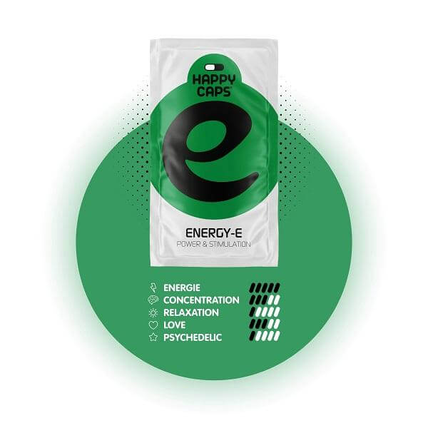 Verpakking van Happy Caps Energy-E met focus op energie, concentratie en stimulatie
