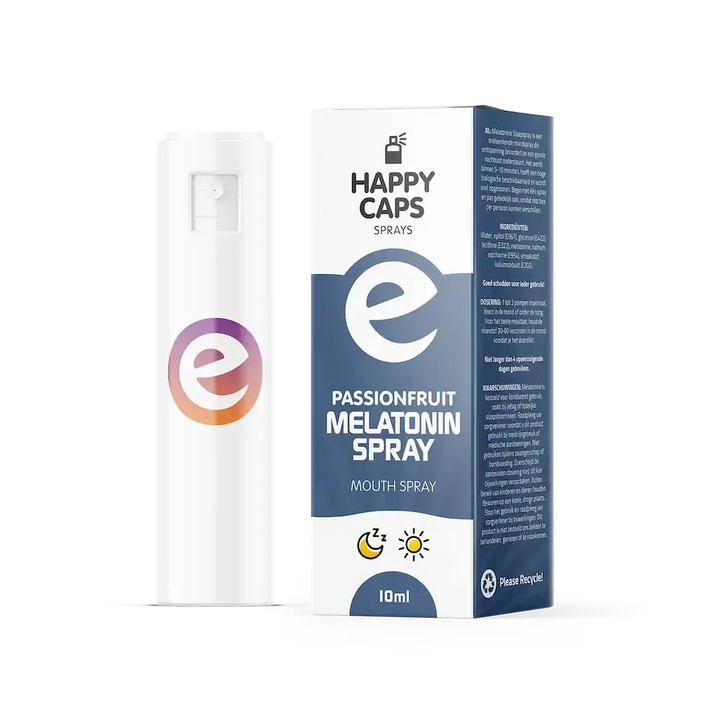 Verpakking en flesje van de Happy Caps Melatonin Spray in passievruchtsmaak – 10ml natuurlijke slaapondersteuning.