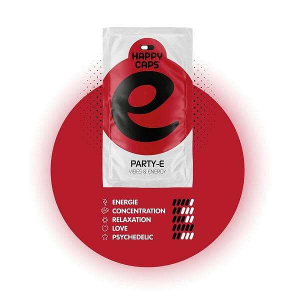 Rode Happy Caps Party-E verpakking voor een boost in energie, sfeer en concentratie

