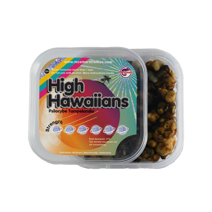 Open verpakking van High Hawaiians Magic Truffels met een helder zicht op de inhoud.