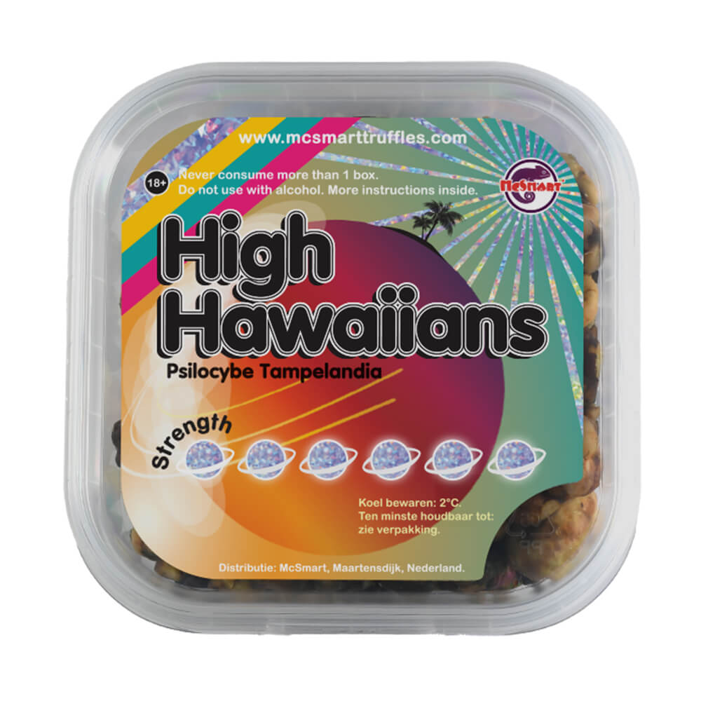 High Hawaiians Magic Truffels verpakt in een kleurrijke doos, geïnspireerd door tropische thema's.