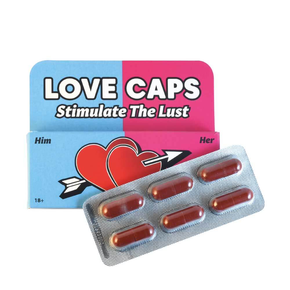 Close-up van de Love Caps Ultimate 69 blisterverpakking met 6 rode capsules voor meer passie en intens genot tijdens seks.