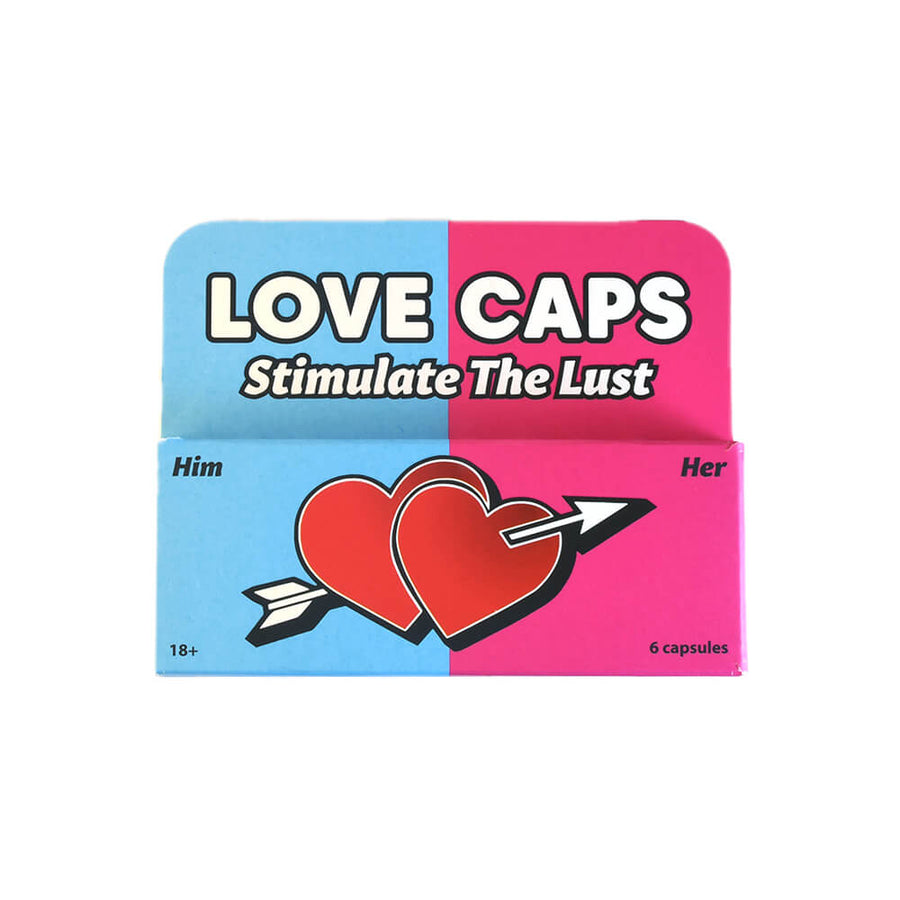 Verpakking van Love Caps met 6 capsules, ontworpen om libido en seksuele energie te stimuleren voor hem en haar.