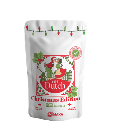 Maka Christmas Edition magic truffels – Old Dutch kerstverpakking met feestelijke illustratie