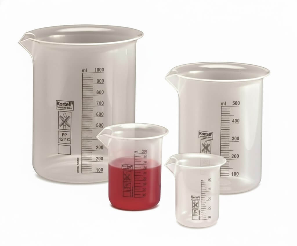 Doorzichtige plastic maatbekers met duidelijke schaalverdeling voor het afmeten van kleine hoeveelheden vloeistof.