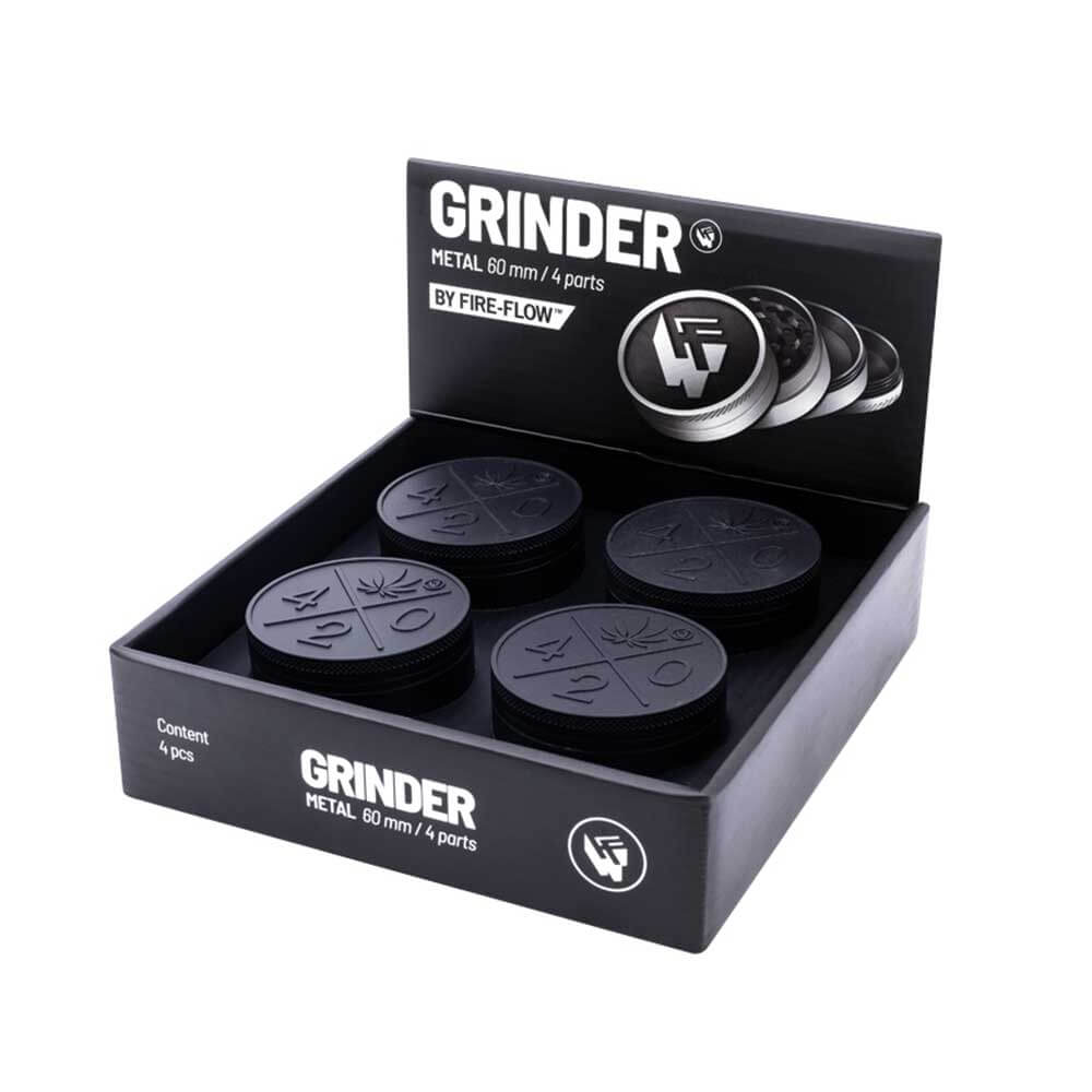 Fire-Flow metalen grinder 60mm 4-delig zwart in originele verpakking met 420 logo
