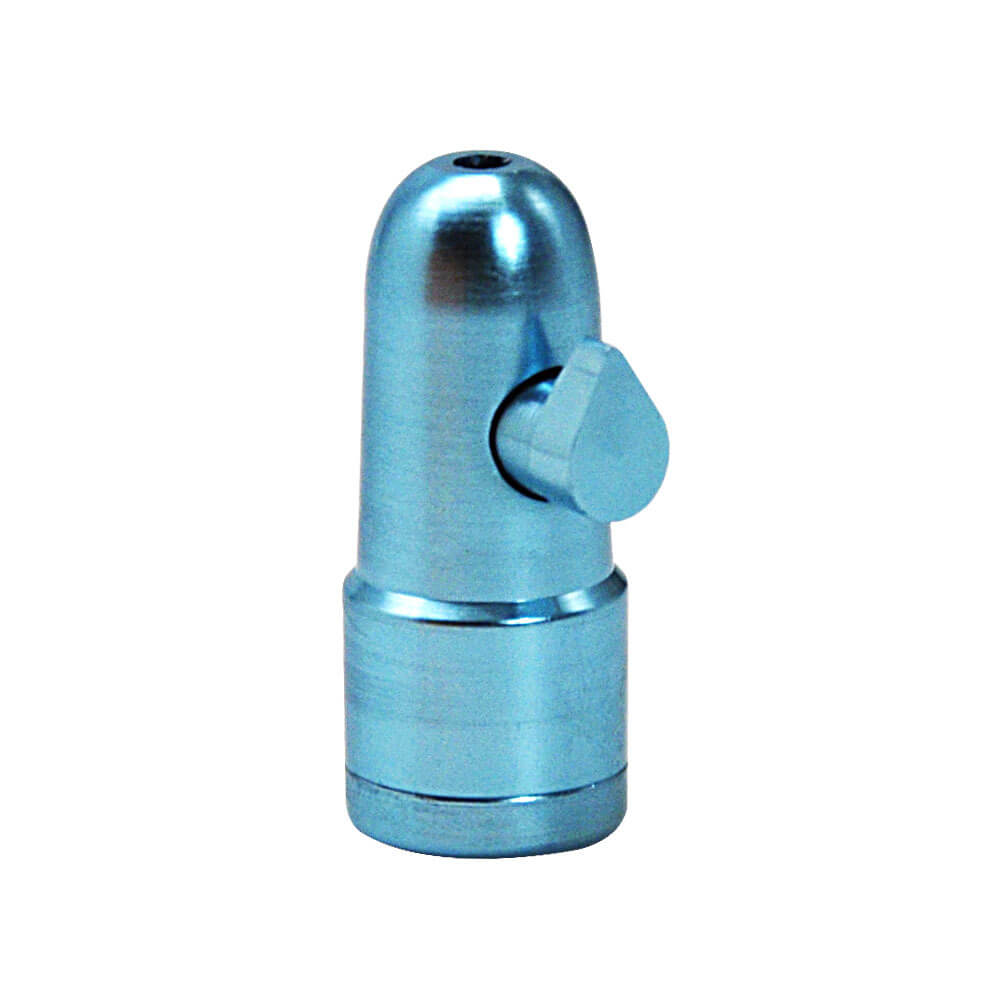 metalen mini doseer bullets in verschillende kleuren (blauw, groen, rood, zwart en goud), geschikt voor het discreet doseren van poeders of kruiden, weergegeven met een open bullet om de onderdelen te tonen.