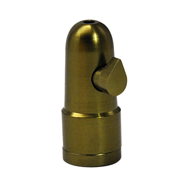 metalen mini doseer bullets in verschillende kleuren (blauw, groen, rood, zwart en goud), geschikt voor het discreet doseren van poeders of kruiden, weergegeven met een open bullet om de onderdelen te tonen.