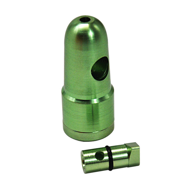 metalen mini doseer bullets in verschillende kleuren (blauw, groen, rood, zwart en goud), geschikt voor het discreet doseren van poeders of kruiden, weergegeven met een open bullet om de onderdelen te tonen.