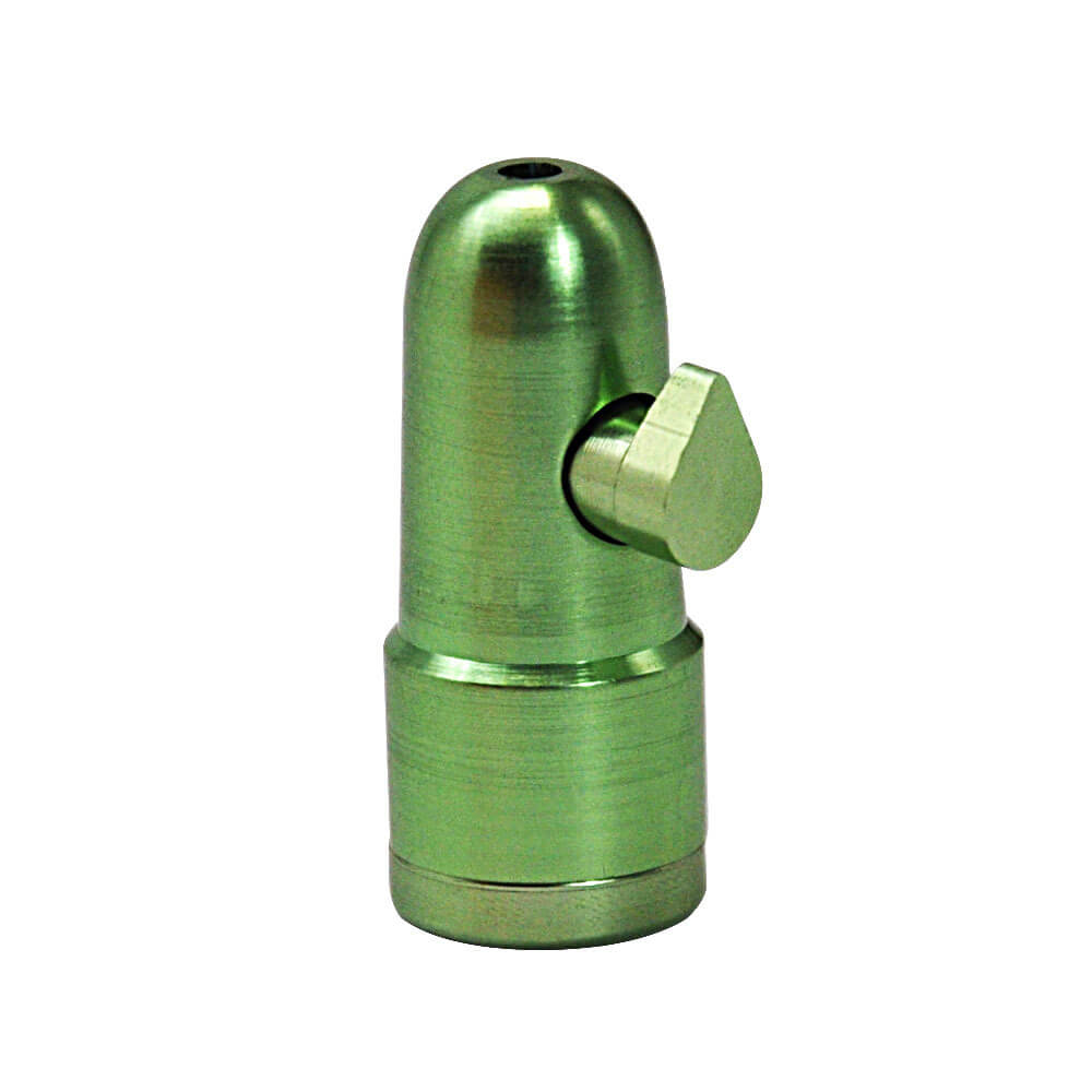 metalen mini doseer bullets in verschillende kleuren (blauw, groen, rood, zwart en goud), geschikt voor het discreet doseren van poeders of kruiden, weergegeven met een open bullet om de onderdelen te tonen.