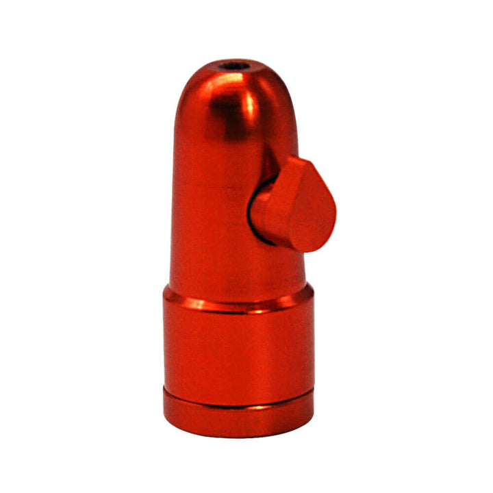 metalen mini doseer bullets in verschillende kleuren (blauw, groen, rood, zwart en goud), geschikt voor het discreet doseren van poeders of kruiden, weergegeven met een open bullet om de onderdelen te tonen.