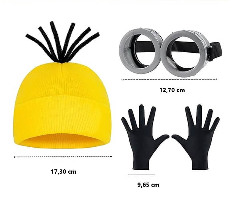 Minion kostuum accessoires met afmetingen: gele muts met sprieten 17,30cm, Minion-bril 12,70 cm, en zwarte handschoenen 9,65cm.