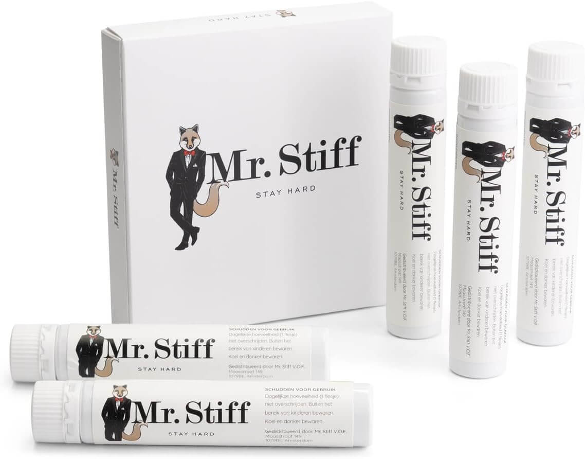 Mr. Stiff Libido Booster Shot – verpakking met witte doos en 5 losse flesjes, Stay Hard