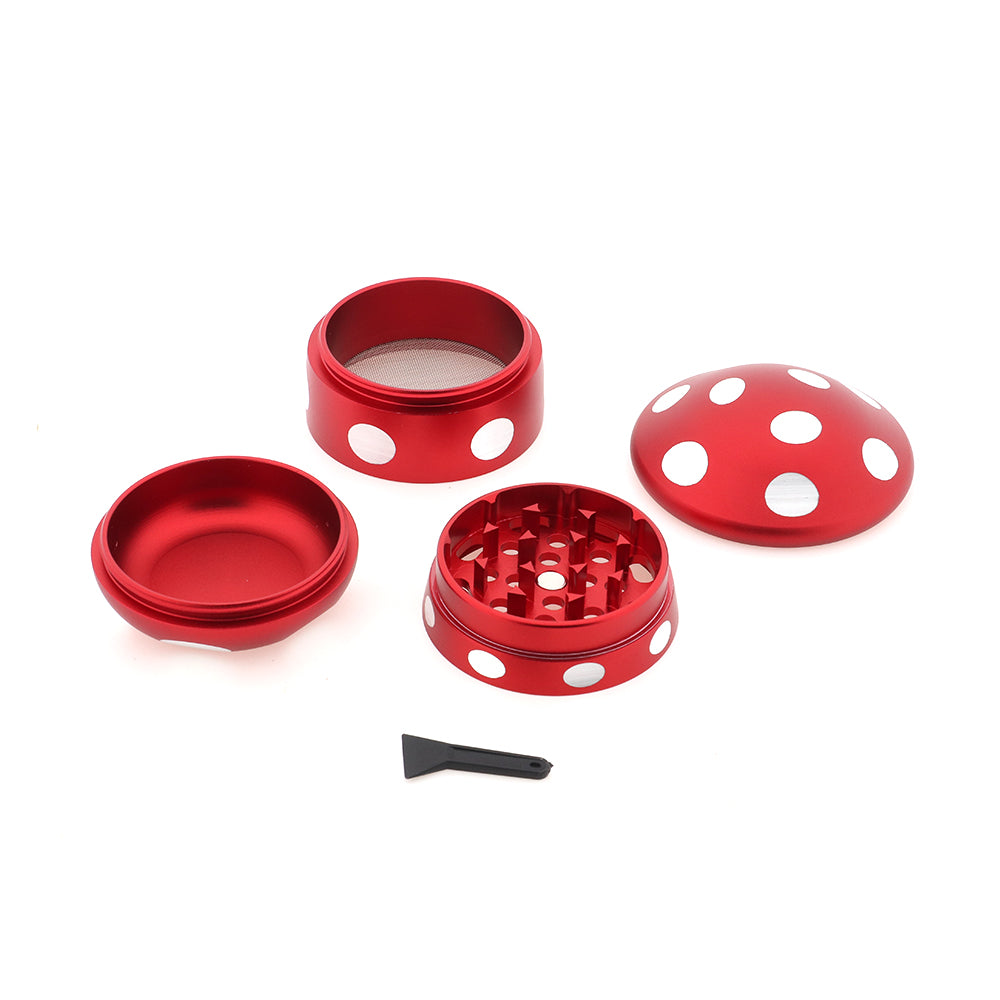 4-delige aluminium grinder rood met pollenzeef en schrapertje - 63mm